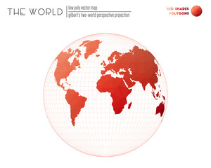 Vector map of the world. Gilbert's two-world perspective projection of the world. Red Shades colored polygons. Awesome vector illustration.