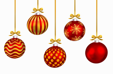 Set of christmas balls with golden ribbon on transparent background.