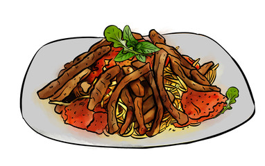 Grilled Beef Tagliata with spaghetti, tomato sauce and rocket on white background. Italian food. illustration