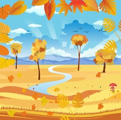Fototapeta na wymiar landscapes of Countryside in autumn. Badger in wildlife scene, mid autumn with field, grass, forests, and leaves falling from trees in yellow foliage. Pretty landscape in fall season.
