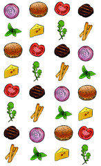 Hamburger ingredients with meat cheese tomato mint bread rocket fries background pattern illustration