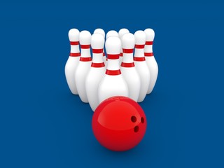 Bowling ball and skittles on a blue background. 3d render illustration..