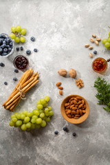 Food background with free space for text. Fruits top view