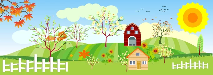 Fotobehang Panoramic of Countryside landscape in autumn,  illustration of horizontal banner in autumn green and yellow hills, farm house,  leaves falling from trees, fence. © Massaget