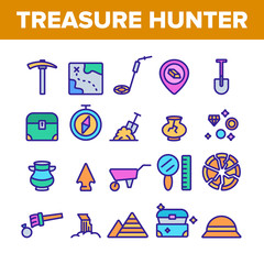 Treasure Hunter Collection Tool Vector Icons Set Thin Line. Map With Direction To Treasure, Compass And Miner Work Equipment Concept Linear Pictograms. Color Contour Illustrations