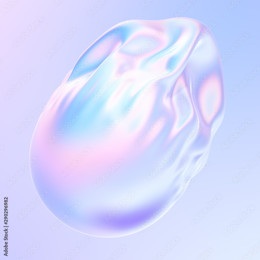 Aufkleber Liquid Metal Shape in holographic colors. Falling abstract iridescent bubble of fabric with folds and ripples. 3d rendering.