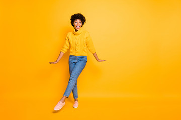 Fototapeta na wymiar Full length body size photo of cheerful cute attractive funny sweet girlfriend wearing jeans denim pullover dancing isolated over vivid color background