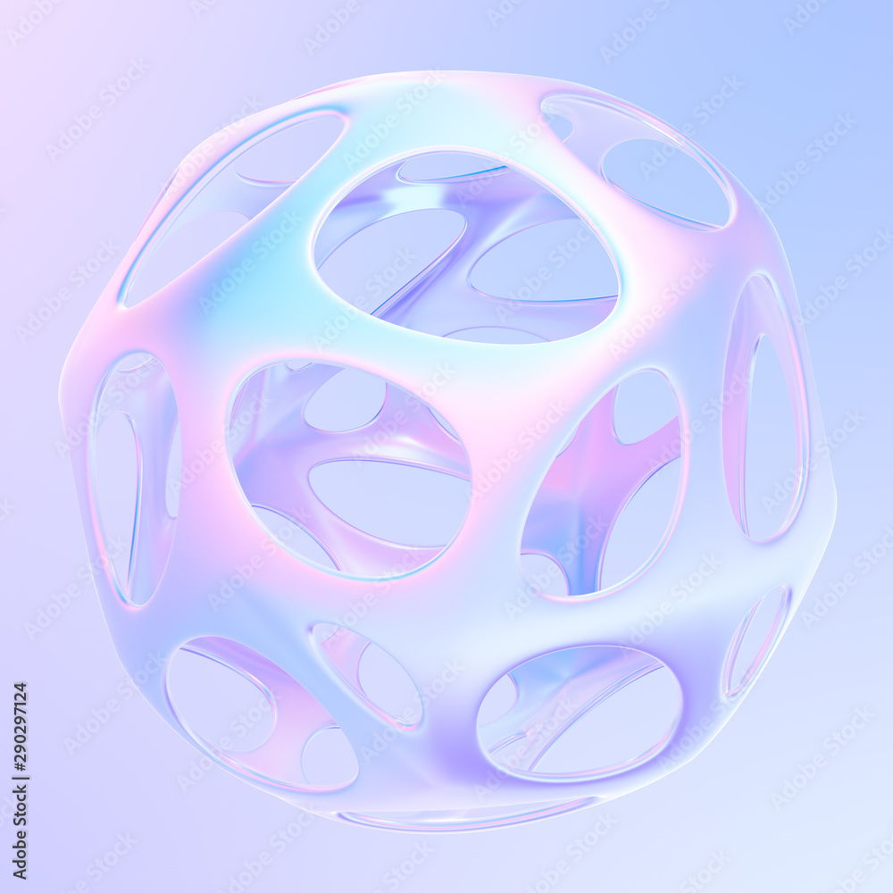 Aufkleber Glowing geometric metallic 3D shape in holographic colors. Abstract modern graphic design element for banners and posters. 3d rendering.