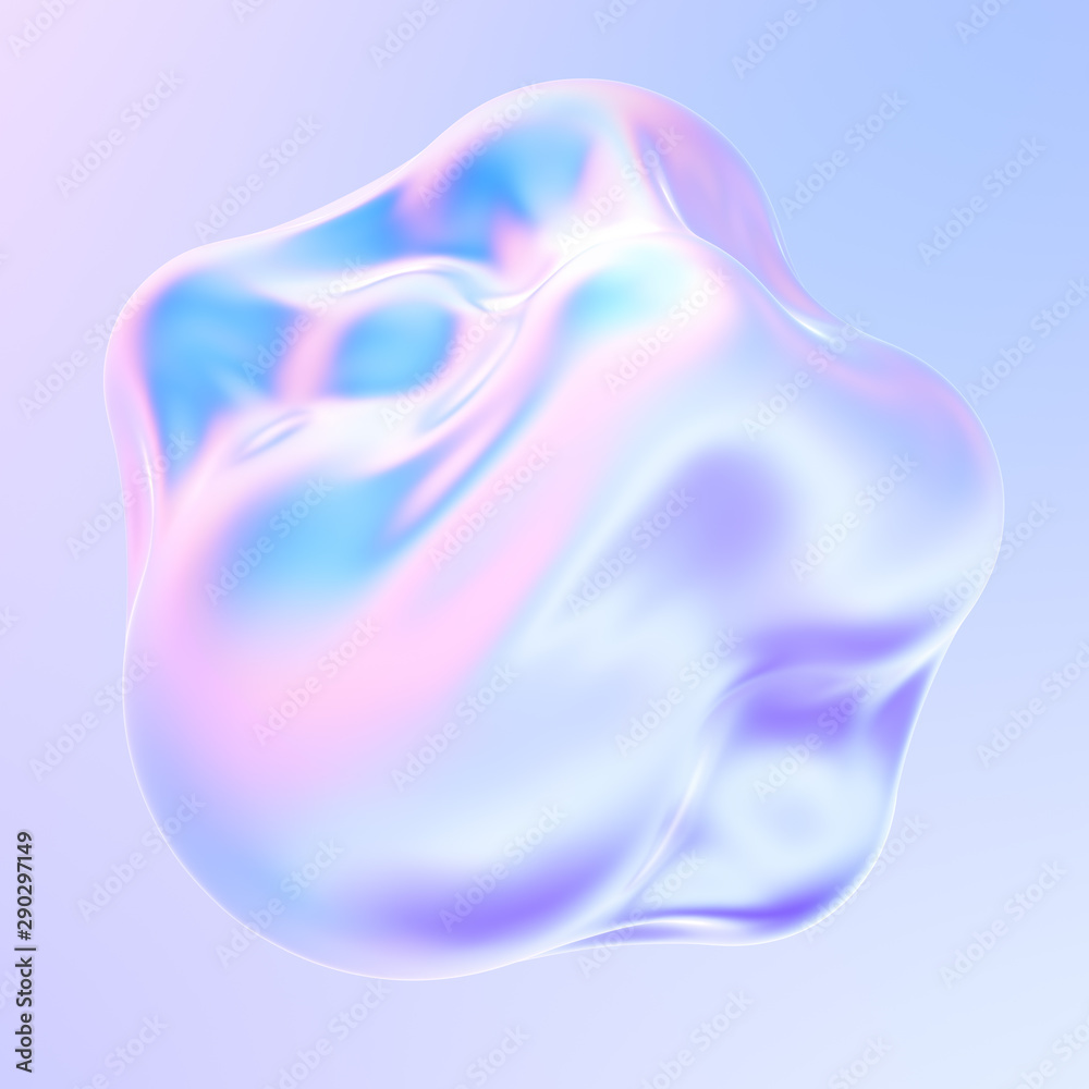Poster holographic liquid metal 3d shape. dynamic fluid bubbles covered by holographic foil. trendy design 