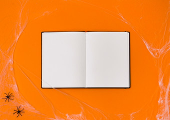 Notepad at orange background with spiders and web