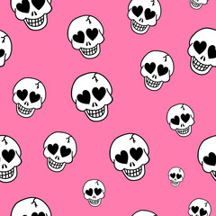 Seamless background with hearts and skulls. Skull love heart pattern. Deadly amur pink background. Vector texture