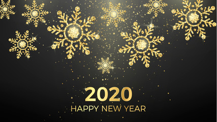 Fototapeta na wymiar Golden snowflakes. Greeting text isolated on black background. New Year and Christmas magic decoration background. Holiday banner or poster. Vector