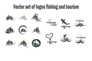 Big collection of vector icons fishing and mountaineering. Stylish flat design icons with mountains - mountain tourism, skiing. Fishing and tourism vector illustration.