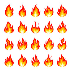 Collection of flat tongues .of flame isolated on white background. Set icons. Flaming symbols and elements of candle, heat, fire, fireplace, burning, energy. Vector illustration.