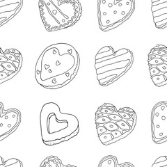 Vector seamless pattern with hand drawn linear  heart shape cookies. Minimalism, monochrome food design. Saint valentine day ,wedding decor. 