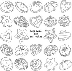 Vector set with hand drawn linear different cakes and cookies: stars, heart, round shape. Minimalism, monochrome food design.