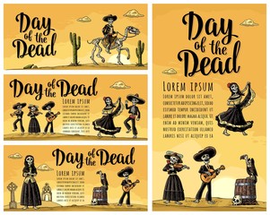 Horizontal poster for Dia de los Muertos. Day of the Dead lettering.