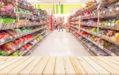 Wood table or wood floor with supermarket blur background for Product display