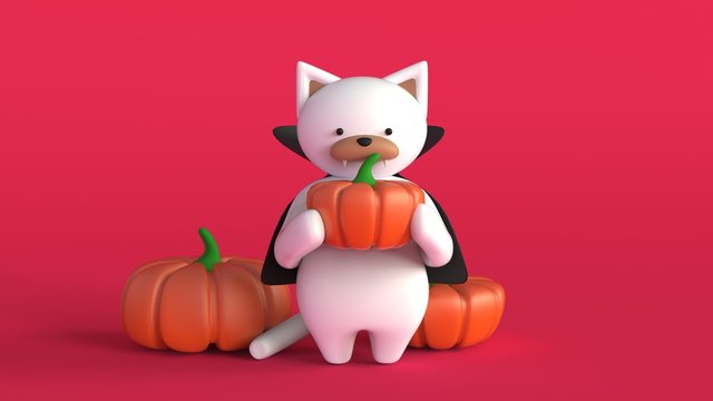 Withe kitten with pumpkin in hellowin costume 