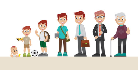 Cartoon, Character of a man in different ages.. Baby, child, teenager, young, adult, old people.