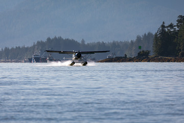 Seaplane landing in the harbor in Ketchikan, Alaska.