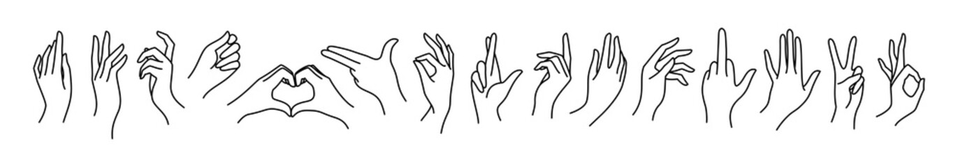 Woman's hand icon collection line Vector set of female hands of different gestures peace, okay, symbol Gun, Lucky, heart