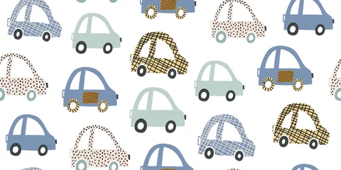 Tapeten Autos Kinder handgezeichnetes nahtloses Muster mit bunten Autos