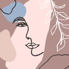 Minimalistyczny styl linii kobiecej twarzy. Streszczenie Współczesny kolaż o geometrycznych kształtach w nowoczesnym, modnym stylu. Wektor - 290303142