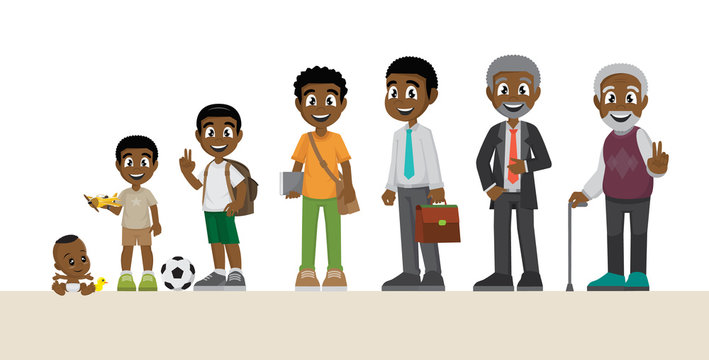 Cartoon, Character of a African man in different ages.. Baby, child, teenager, young, adult, old people.