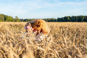 Mother and daughter hugging tenderly. A girl with red hair and a child sits on a wheat field. Kiss of the mother, countryside.