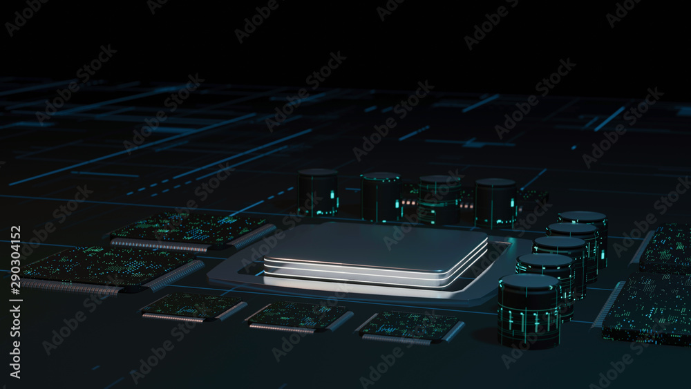  3d rendering of digital binary data on microchip with glow circuit board background. concept of for 