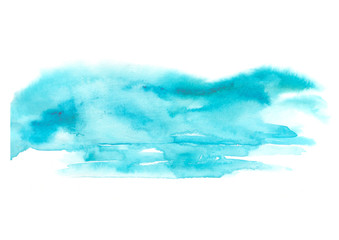 Obraz na płótnie Canvas Watercolor blue background, blot, blob, splash of blue paint on white background. Watercolor blue sky, winter window, spot, abstraction. Abstract art illustration, scenic background. Blue mountain