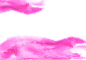 Abstract pink, lilac watercolor on white background.The color splashing on the paper.Watercolor splash stain pink. Abstract blot, background. Watercolor field. Field silhouette, pink wave.