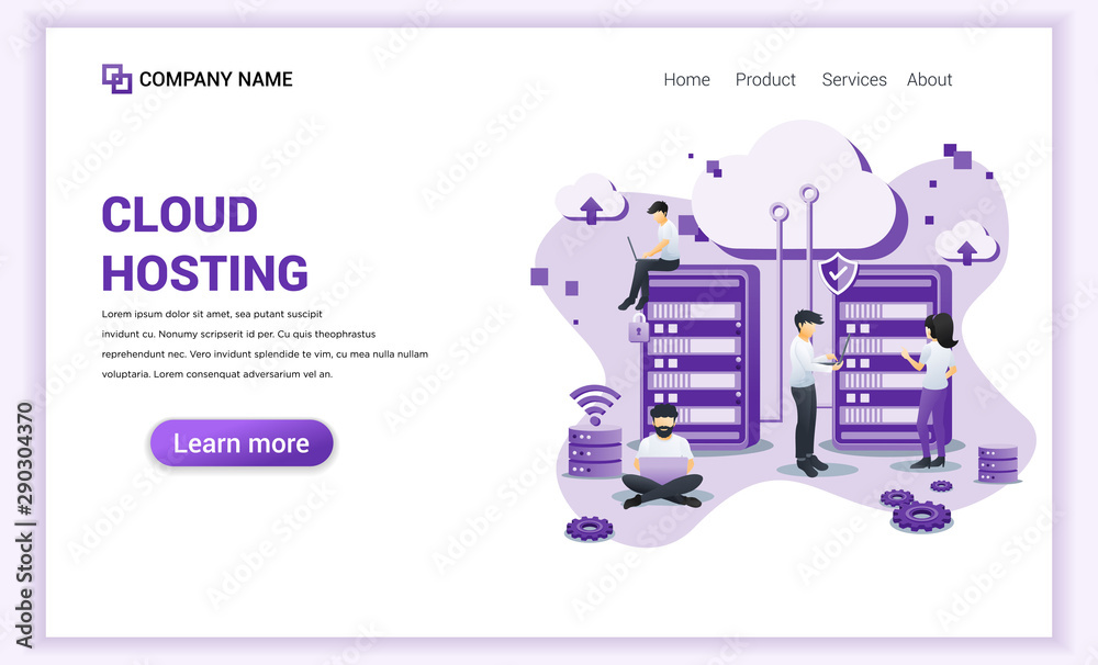 Poster modern flat design concept of cloud hosting services, digital storage, data center with characters. 