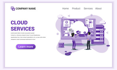 Modern Flat design concept of Cloud Computing Services with characters on desk managing data. Can use for web banner, business analysis, landing page, website template. Flat vector illustration