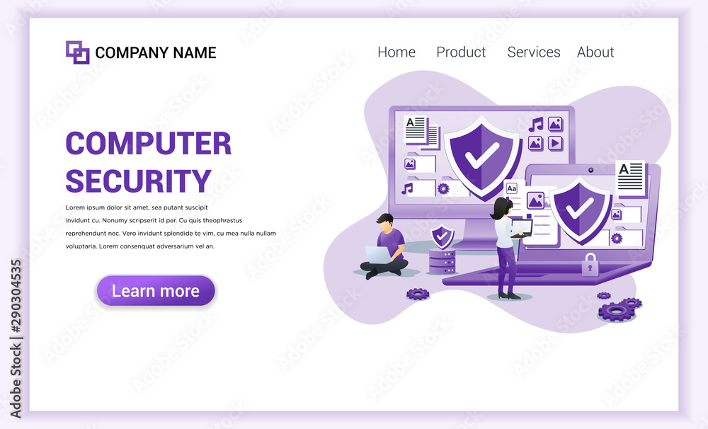 Poster modern flat design concept of computer security with characters using laptop. managing, securing dat