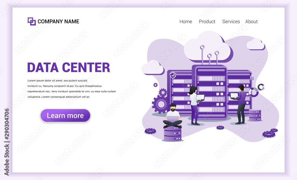 Poster modern flat design concept of data center services with characters using laptop managing data in fro