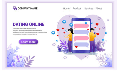 Online dating with couple relationship and smartphone concept. young girl and young man chatting. can use for advertising, banner, mobile app, landing page, website template. Flat vector illustration