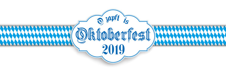 Oktoberfest 2019 Banner mit einem Band in bayerischen Landesfarben und einem Emblem
