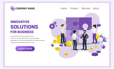 Modern Flat design concept of Business Solutions with Characters composing puzzle and businessman shaking hands. Can use for banner, infographics, landing page, web template. Flat vector illustration