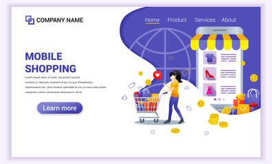 Obraz na płótnie Canvas Mobile shopping concept with giant mobile phone displaying shop products and woman character carrying cart. Can use for mobile app, landing page, website, banner, advertising. Flat vector illustration