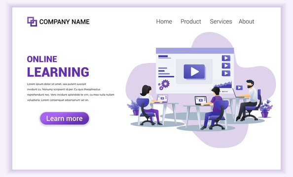 Modern flat design concept of Online Learning with characters sitting at desk and studying with laptop. Can use for banner, mobile app, landing page, website design template. Flat vector illustration