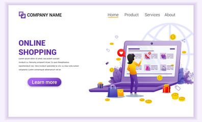 Online shopping concept with giant mobile displaying store products and woman characters. Can use for mobile app template, landing page, web design, banner, advertising. Flat vector illustration
