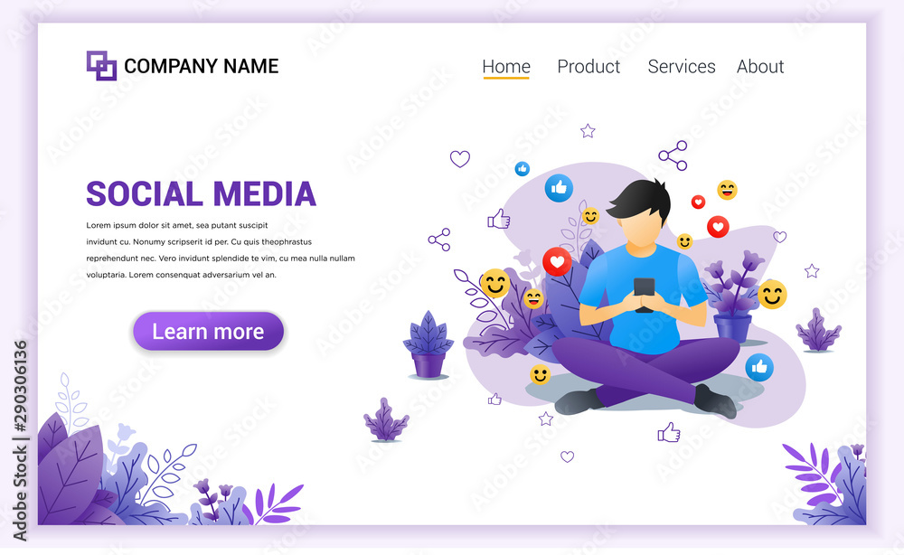 Canvas Prints modern flat design concept of social media with a young man sitting using smartphone. can use for ba
