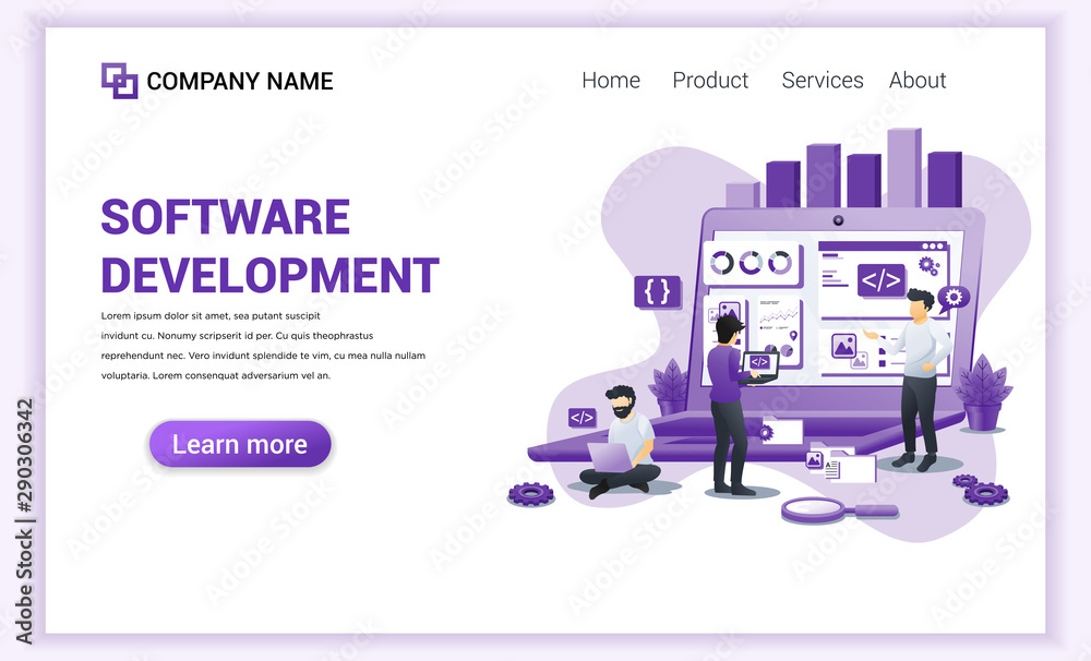 Poster modern flat design concept of software development with characters on screen programming and coding.