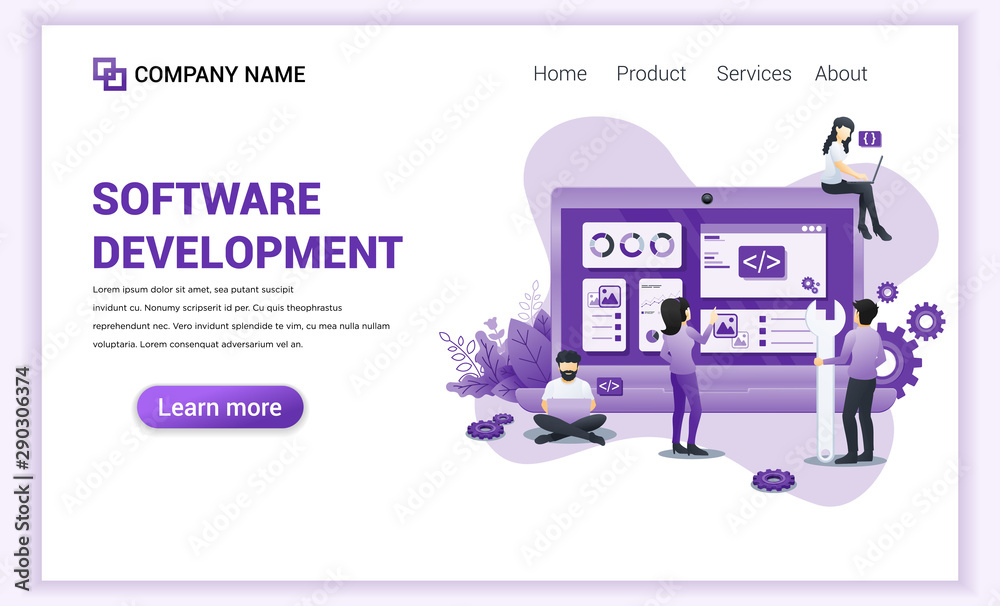 Poster modern flat design concept of software development with characters on screen programming and coding.