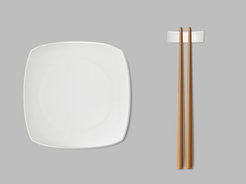 Empty, square sushi plate, chopsticks on white ceramic stand. Sushi porcelain dishware, traditional wooden sticks for asian food, japanese dishes restaurant isolated, 3d realistic vector illustration