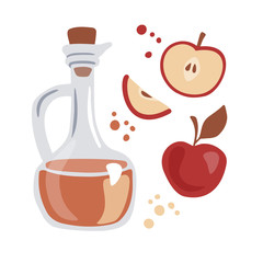 Trendy vector illustration Apple cider vinegar. Glass pitcher with the fermented vinegar and fresh fruits. Elements in modern flat style isolated on white background. Healthy eating and cooking theme.