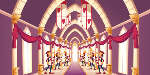 Royal ball, solemn ceremony in kings castle concept. Fairytale trumpeters with playing cards hearts symbols on capes, standing in long corridor, playing greeting march cartoon vector illustration © vectorpocket