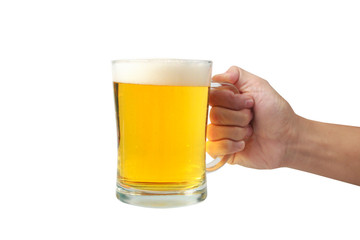 Hand with glass beer isolated on white background